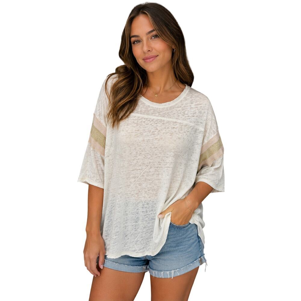Free people lightweight guaze see through neutral  gold band 1/2 sleeve sz S EUC